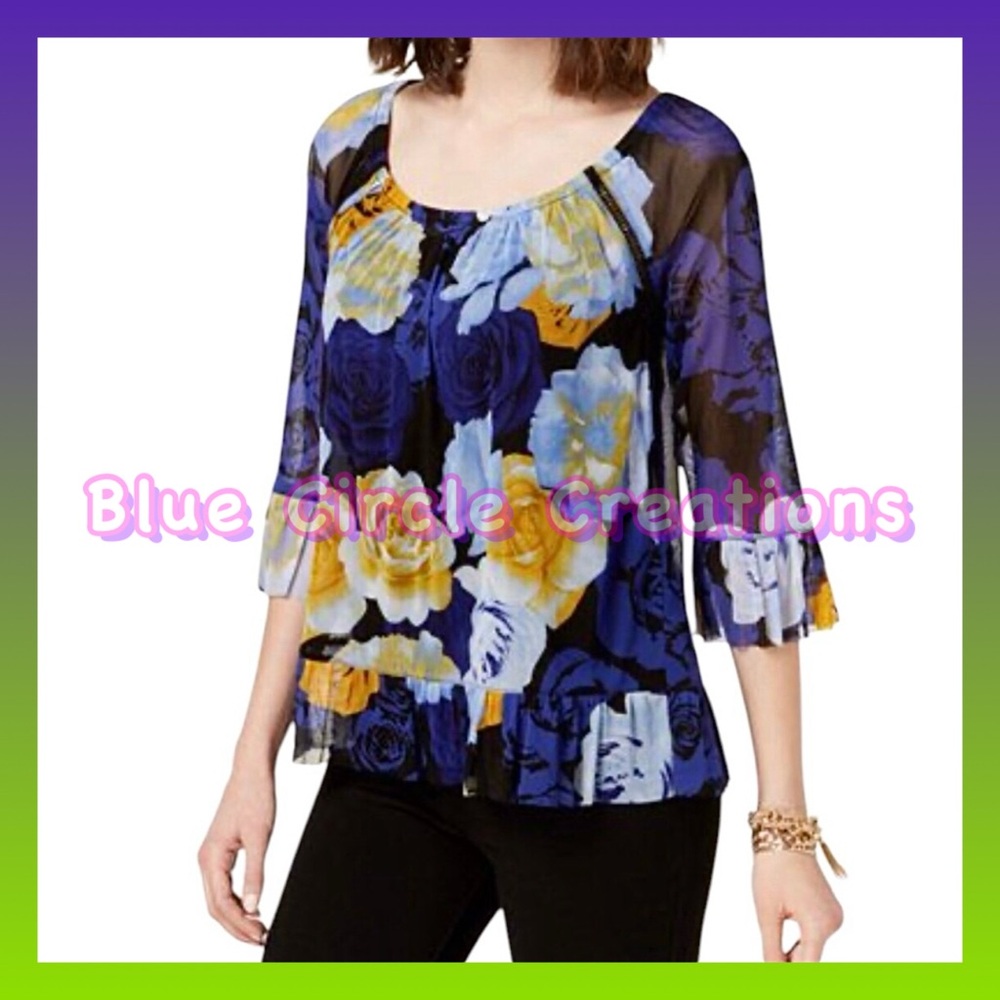 INC International Concepts Mesh Blouse Floral Pattern Blue and Yellow Roses Med